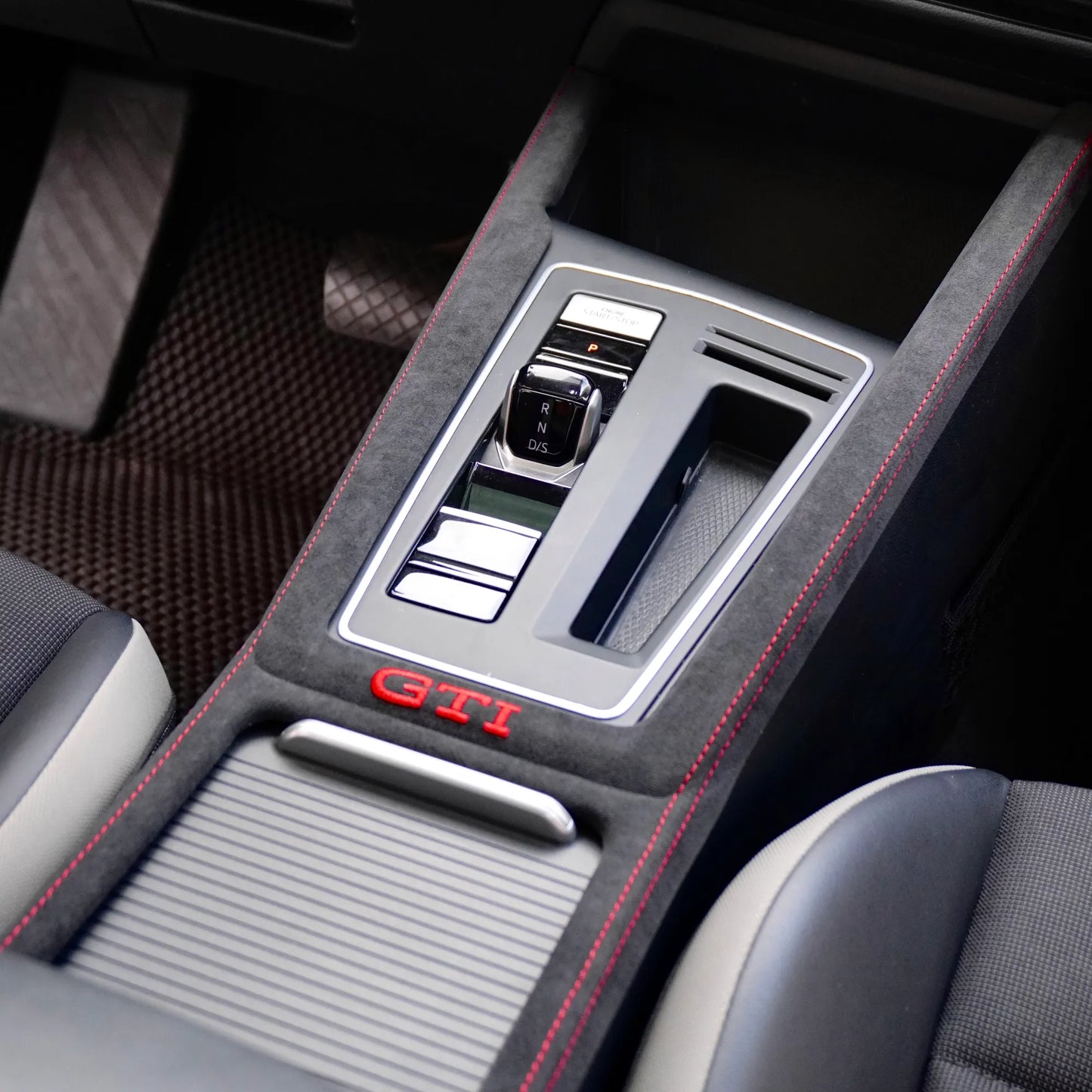 VW Golf Alcantara Gear Shift Panel Cover Close-Up – Luxury Interior Upgrade