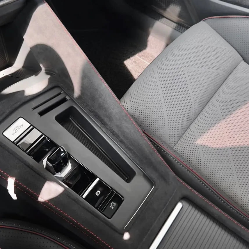 Alcantara gear shift panel cover with red stitching and matching fabric for Golf GTI
