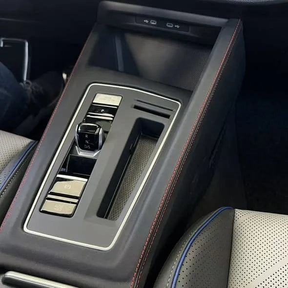 Premium Alcantara central control gear shift panel cover for Golf MK7, MK7.5, MK8, and MK8.5 including CS, GTI, and R models, left-hand drive, automatic and manual transmission.
