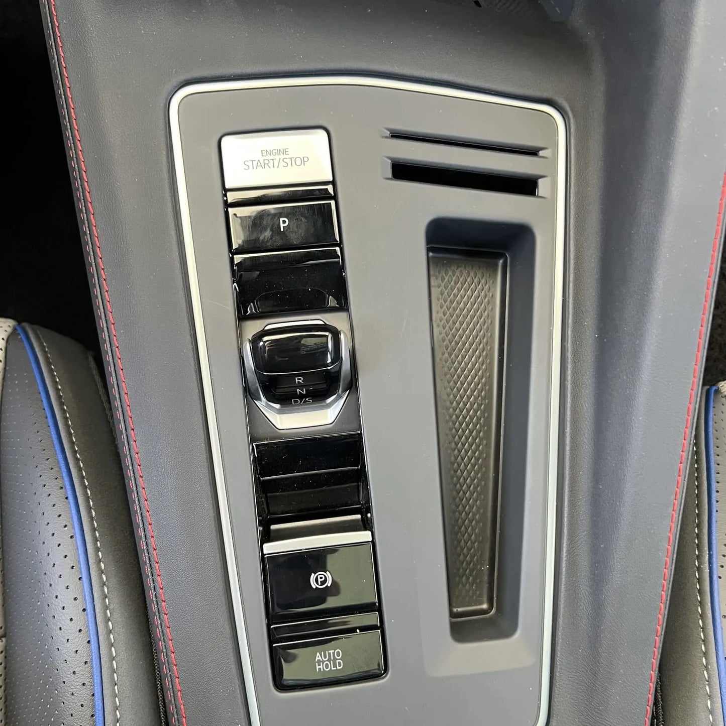Genuine leather central control gear shift panel cover with red stitching for GTI and blue stitching for R, fits Golf MK7, MK7.5, MK8, and MK8.5 models.