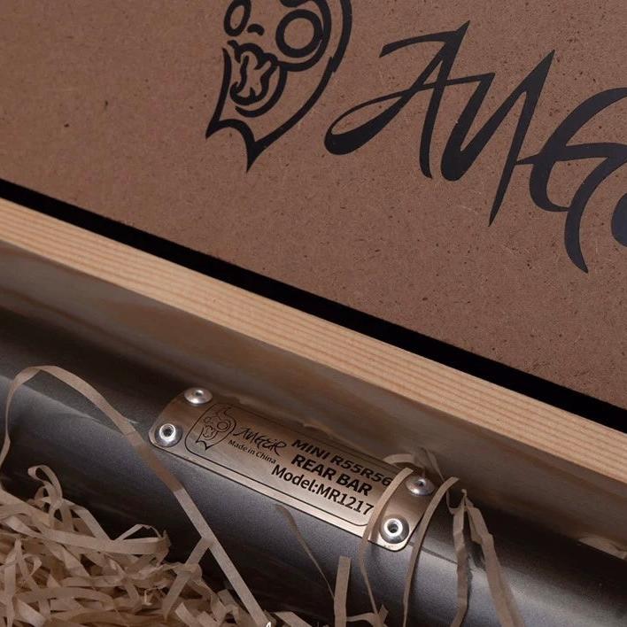 Rear strut brace presented in an armor-inspired wooden gift box, perfect for MINI enthusiasts.