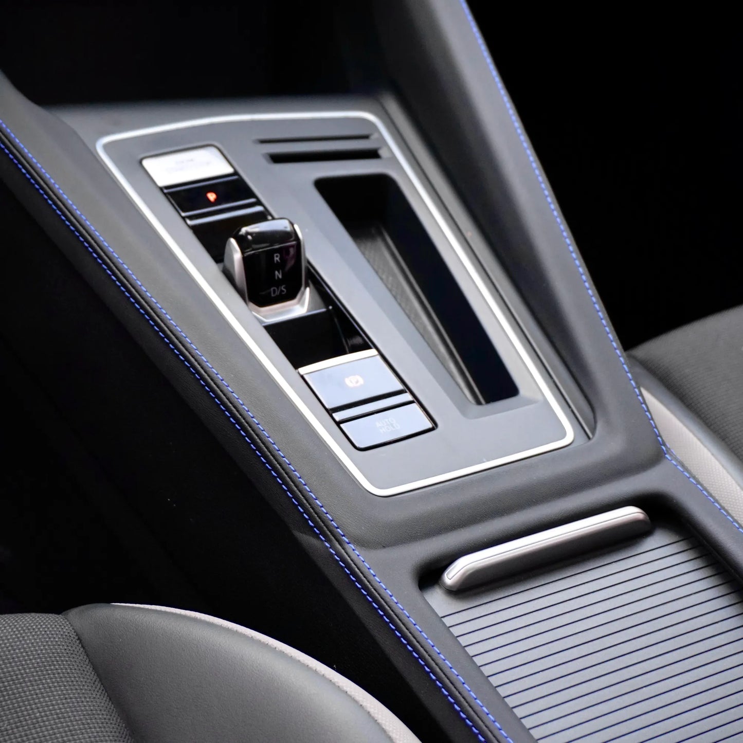 VW Golf R Gear Shift Panel Cover – Blue Stitching Detail