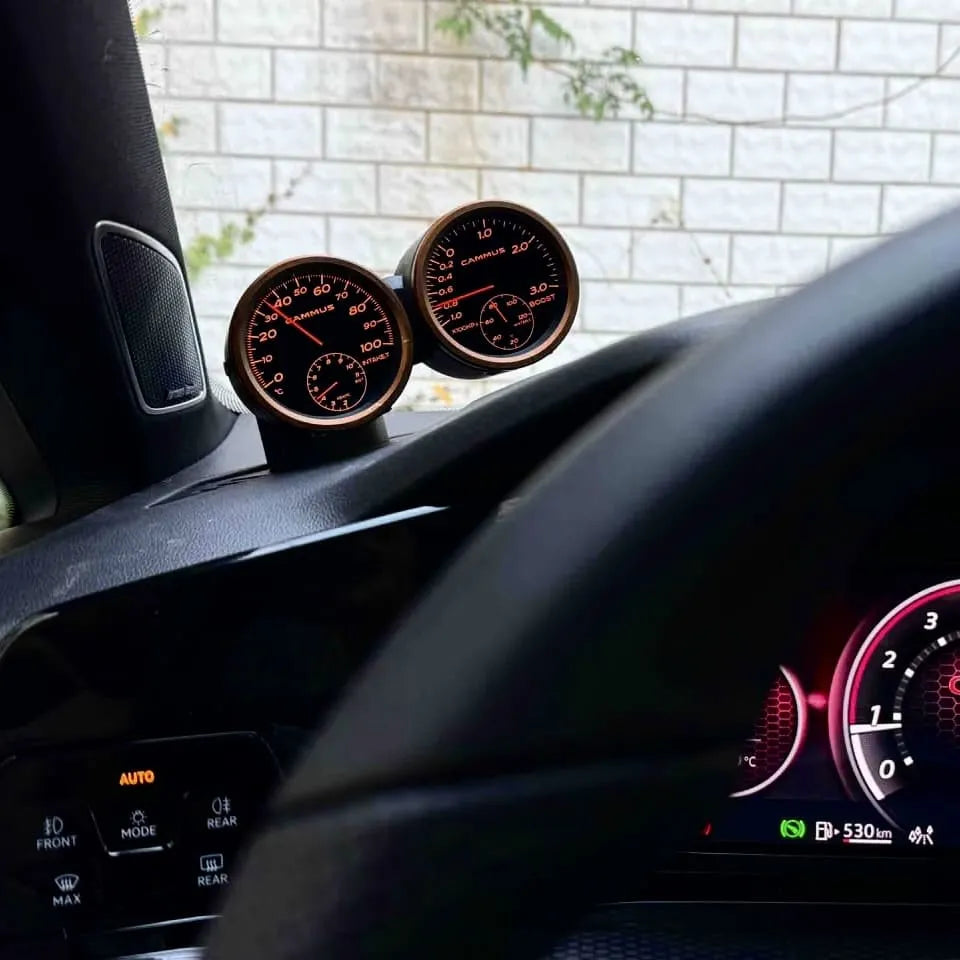 Close-up of VW Golf MK8 R defrost vent gauge pod, injection-molded, racing-style, high-quality alternative to CJM and AeroForce