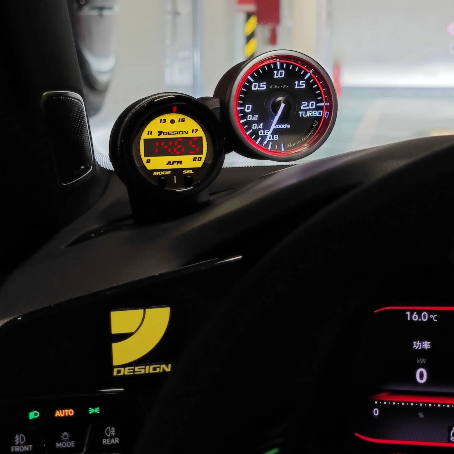 Complete VW Golf MK8 GTI defrost vent gauge pod package showing pod and installation hardware, alternative to CJM and AeroForce mounts