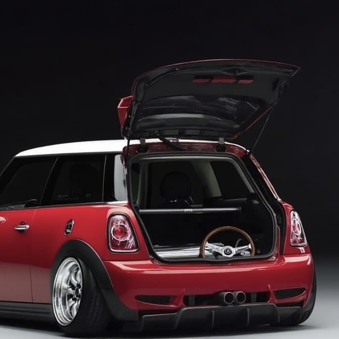 Barra de refuerzo trasera instalada en MINI Cooper R53 — mejora personalizada para mayor rigidez del chasis y estabilidad en curvas