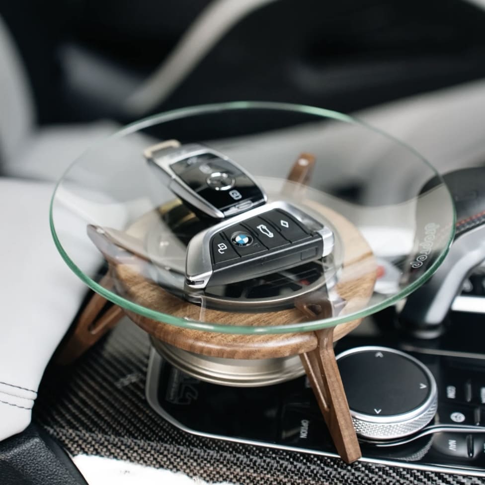 Close-up of CNC aluminum car key tray, perfect car enthusiast gift
