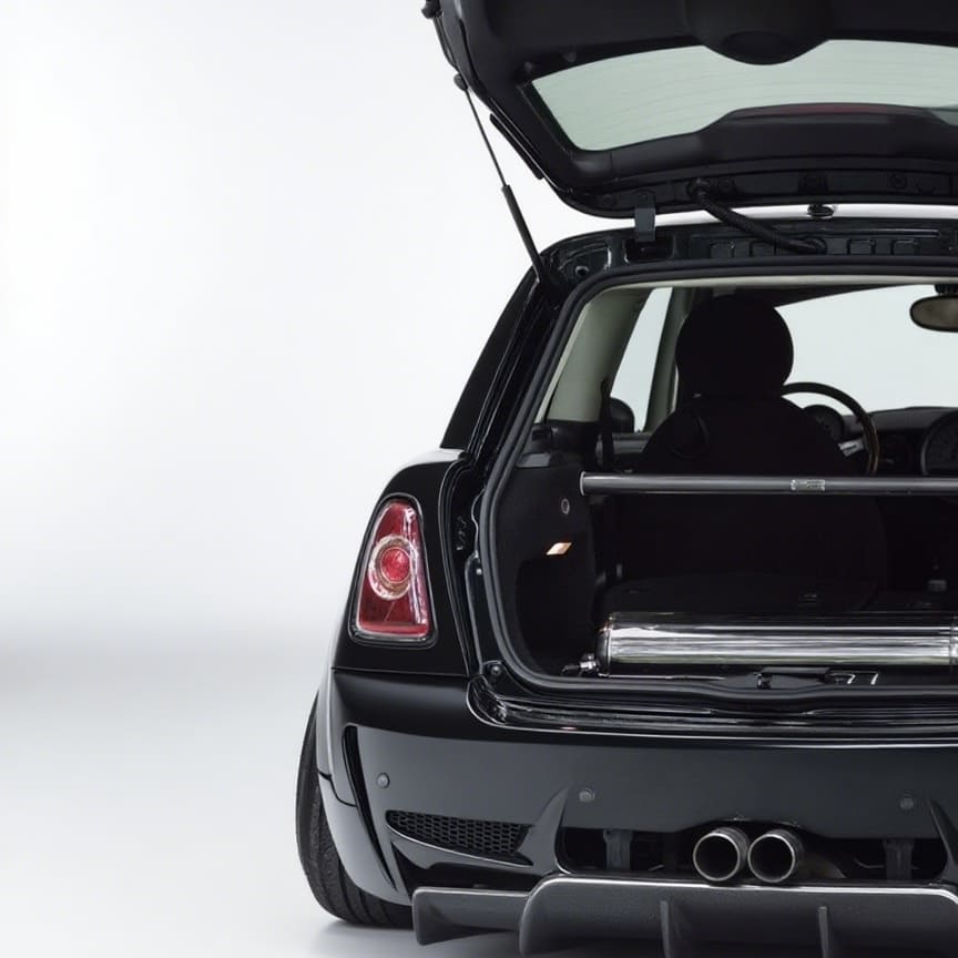 Custom MINI Cooper part – carbon steel rear strut brace installed on R56, improving stability and handling with aftermarket quality
