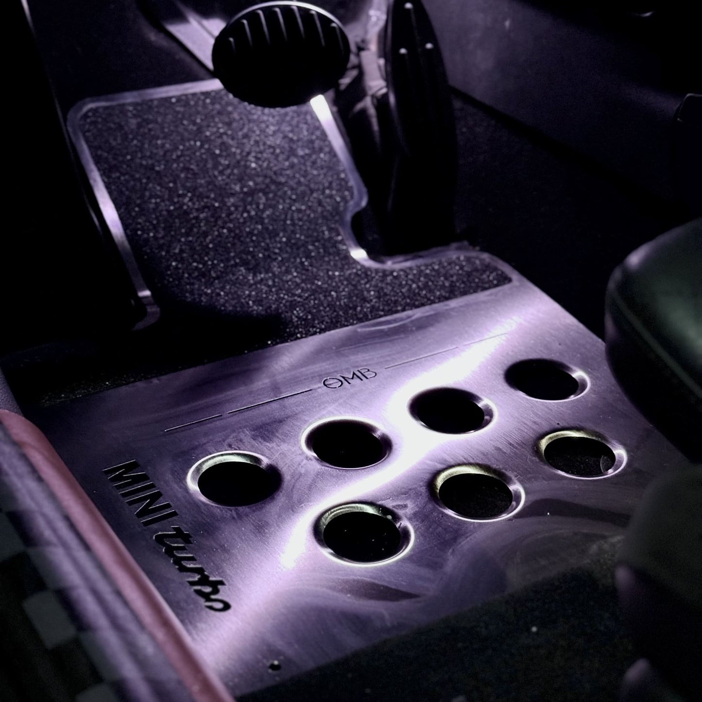 aluminum metal Brushed stainless steel track mat installed on driver side footwell of MINI Cooper F56 manual transmission