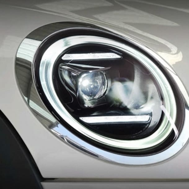 MINI Cooper LED headlights featuring cornering assist and beam adjustability