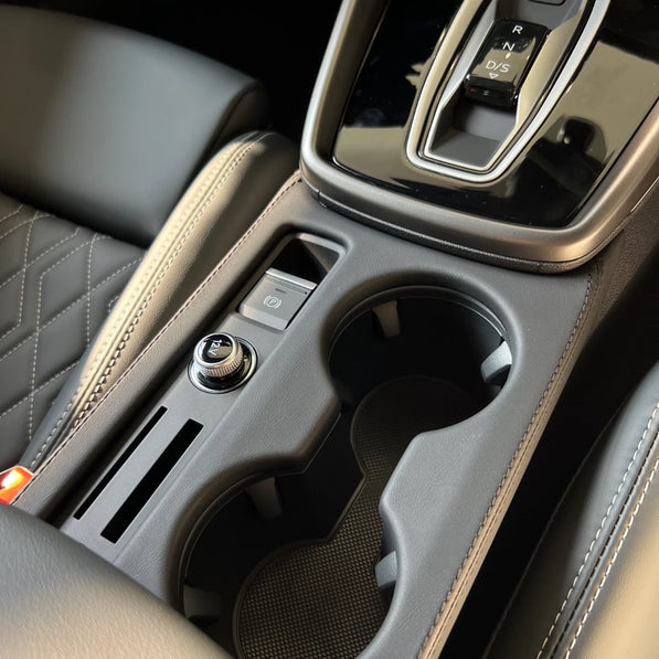 Audi A3 S3 RS3 8Y5 leather cupholder cover installed, black stitch — piano black cupholder trim fix
