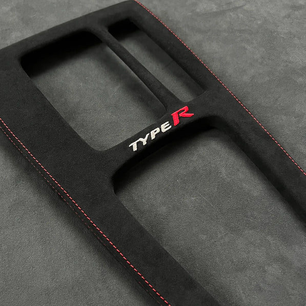 Close-up of Civic Type R FL5 Alcantara console wrap, fully reversible and tailored for LHD & RHD interiors, highlighting premium craftsmanship.
