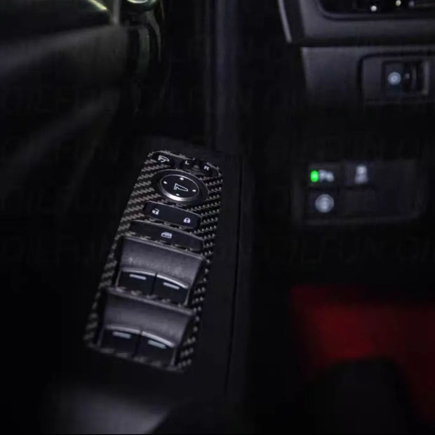Custom carbon fiber door control panel overlay for Honda Civic FL5. Provides sleek, durable protection against wear, fits directly over factory plastic for seamless integration.