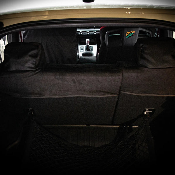 Honda Civic Type R FL5 rear seat cover viewed from the trunk — 3-piece coverage, child seat and ISOFIX ready