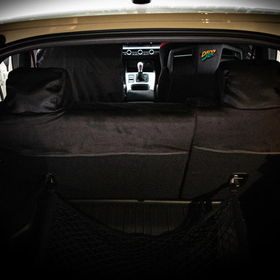 Honda Civic Type R FL5 rear seat cover viewed from the trunk — 3-piece coverage, child seat and ISOFIX ready