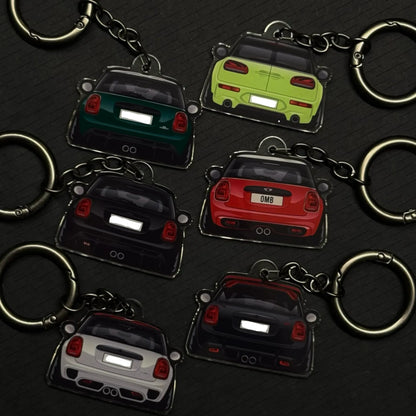 Handcrafted acrylic MINI Cooper keychain, fully personalized with color, decals, and license plate, perfect car gift for enthusiasts