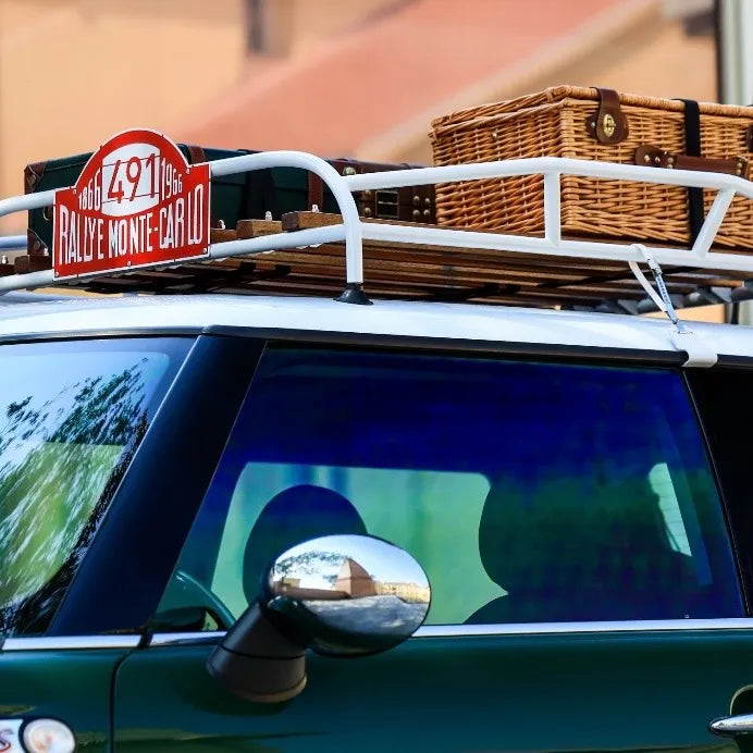 Bespoke MINI roof rack built to order with polished welds and premium Apitong wood.