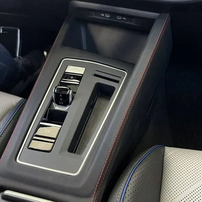 Premium Alcantara central control gear shift panel cover for Golf MK7, MK7.5, MK8, and MK8.5 including CS, GTI, and R models, left-hand drive, automatic and manual transmission.