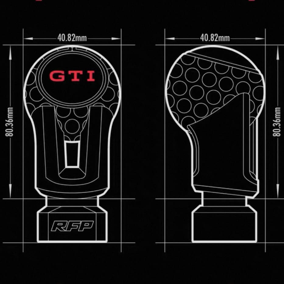 Technical drawing of Golf MK8 GTI gear knob upgrade with measurements