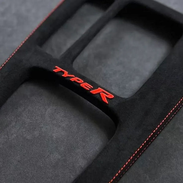 Detailed view of Alcantara® material and precision stitching on Civic FL5 Type R console cover, highlighting craftsmanship and custom thread options.
