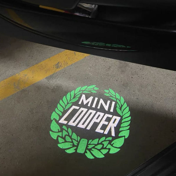 Classic MINI Cooper laurel projection under F57 convertible, twilight setting