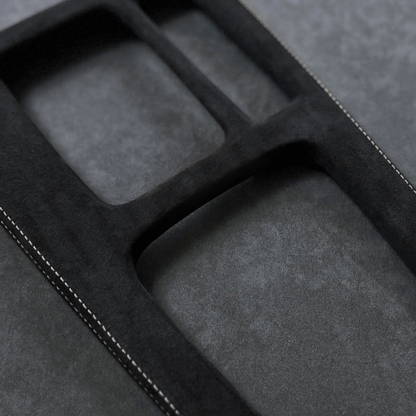 Close-up of Honda Civic XI FL5 Type R interior with OMB premium Alcantara® shift panel console cover, showing OEM+ fit and motorsport-inspired design.