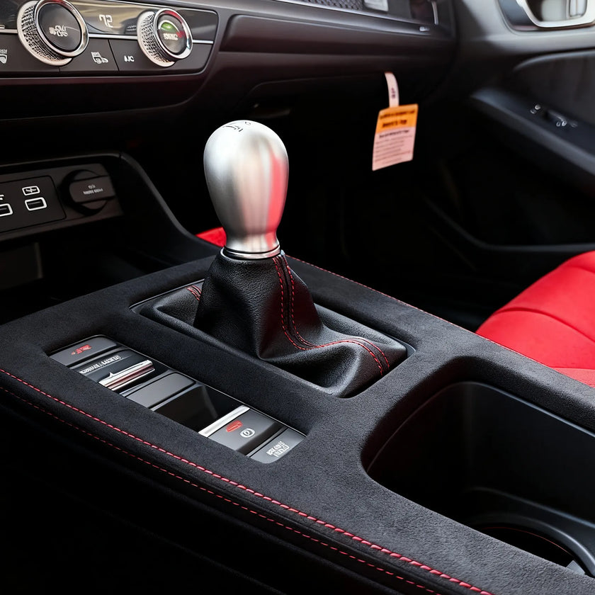 Close-up of Honda Civic XI FL5 Type R Alcantara shift panel console cover, hand-wrapped with precision stitching and custom embroidery options for LHD and RHD models.