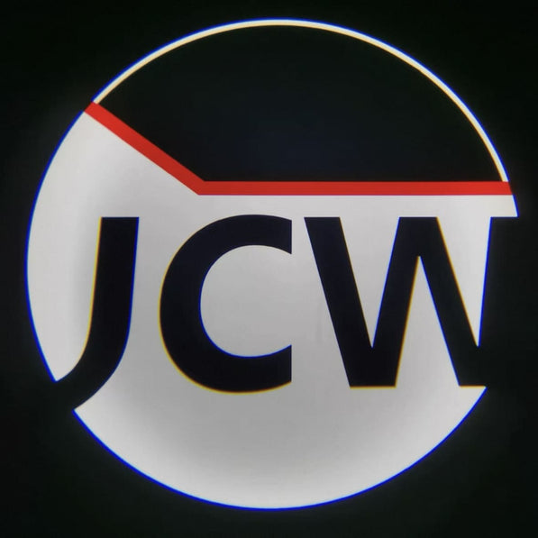 JCW logo LED projector lens close-up – fits MINI Cooper JCW models