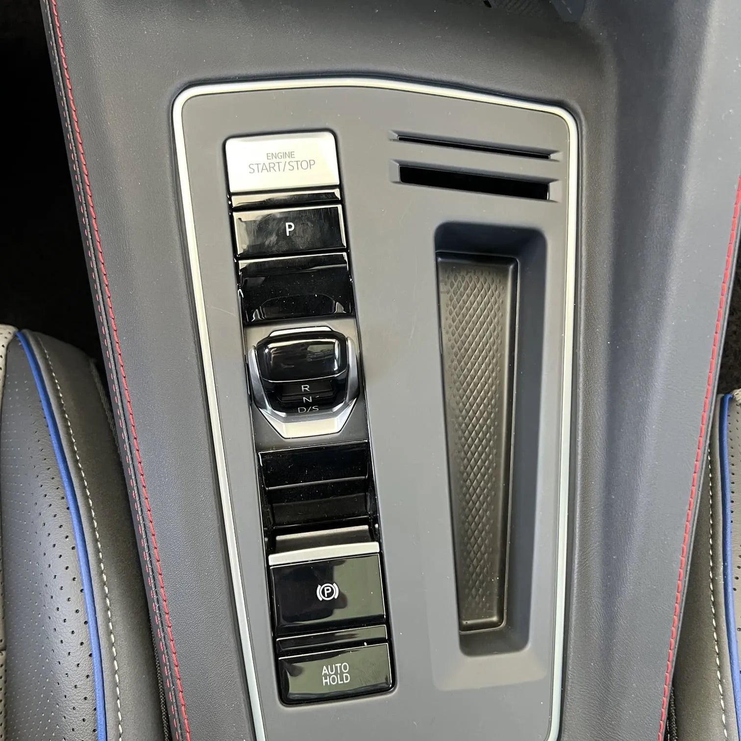 Genuine leather central control gear shift panel cover with red stitching for GTI and blue stitching for R, fits Golf MK7, MK7.5, MK8, and MK8.5 models.