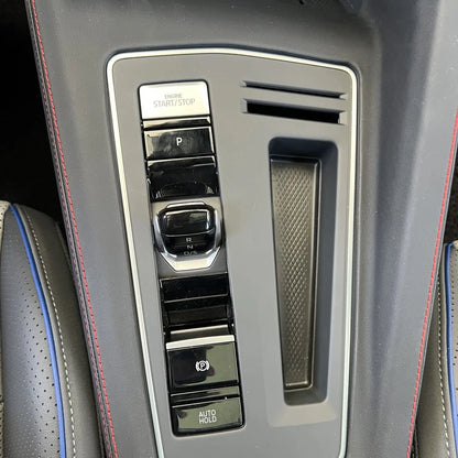 Genuine leather central control gear shift panel cover with red stitching for GTI and blue stitching for R, fits Golf MK7, MK7.5, MK8, and MK8.5 models.