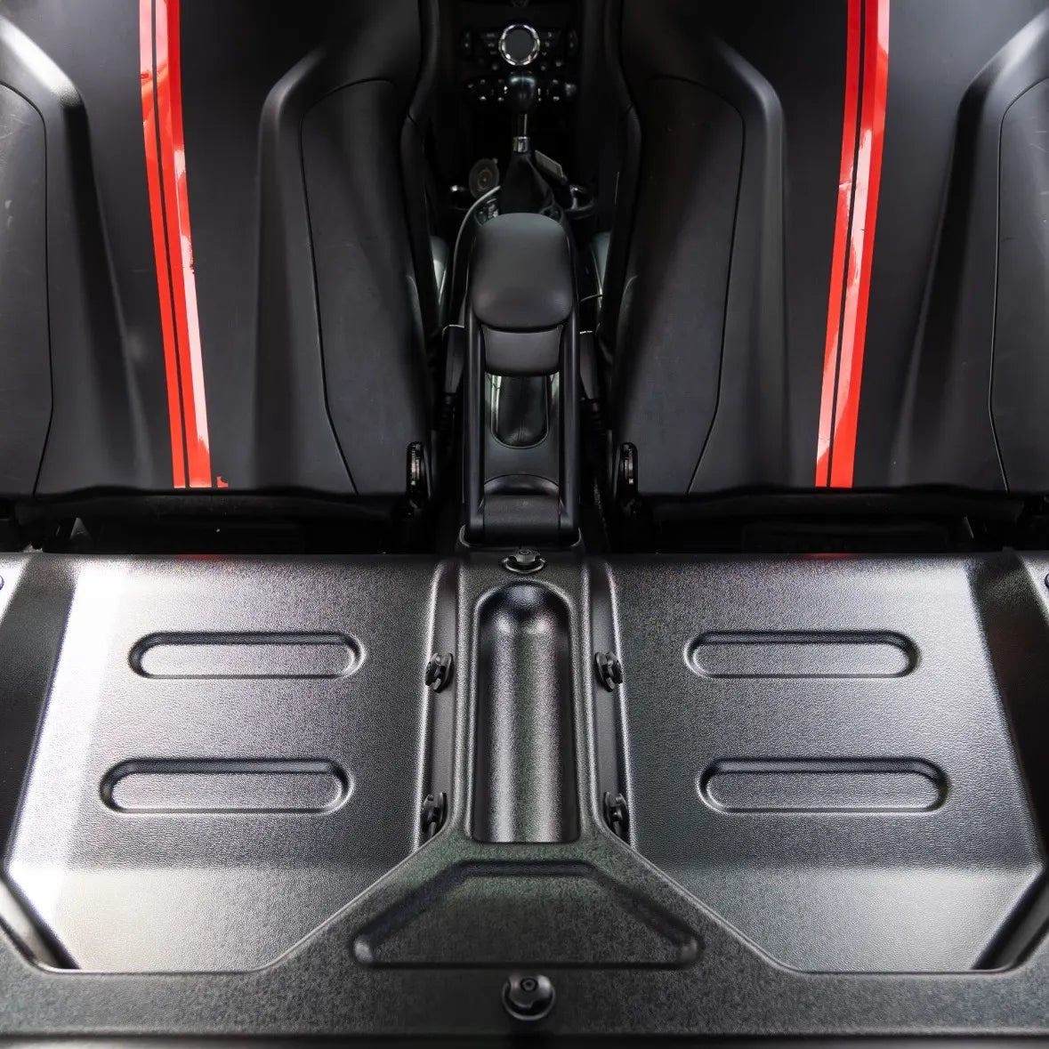 MINI Cooper F56 rear seat delete kit, side profile, factory-look installed panel