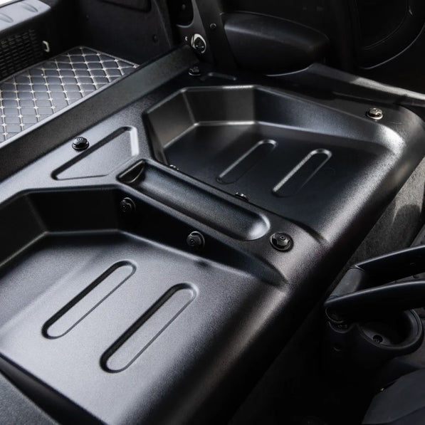 MINI Cooper F56 rear seat delete kit, long side compartments viewed from the rear hatch