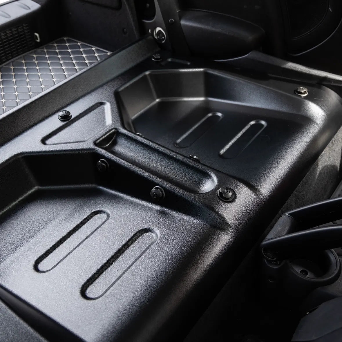 MINI Cooper F56 rear seat delete kit, long side compartments viewed from the rear hatch