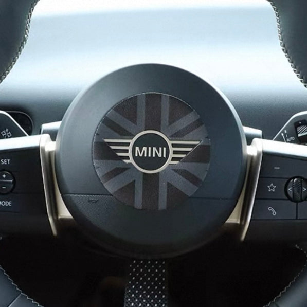 Custom Alcantara steering airbag cover for MINI Cooper F65 with JCW-inspired embossed design and perfect OEM fit.