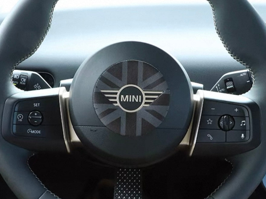 Custom Alcantara steering airbag cover for MINI Cooper F65 with JCW-inspired embossed design and perfect OEM fit.
