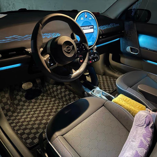 6-piece checkered floor mat set for 2025 MINI Cooper Electric (J01), designed for complete interior protection.