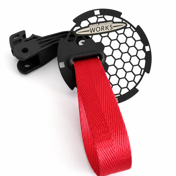 MINI Cooper JCW RS-style door pull strap design detail — John Cooper Works badge, R55 R56 R57 R58 R59