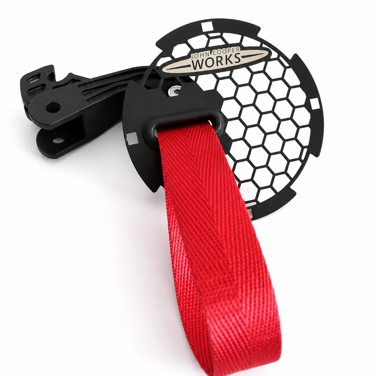 MINI Cooper JCW RS-style door pull strap design detail — John Cooper Works badge, R55 R56 R57 R58 R59