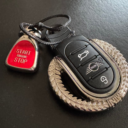 MINI Cooper ignition button keychain presented in a gift box, ideal for MINI lovers and as a thoughtful gift.