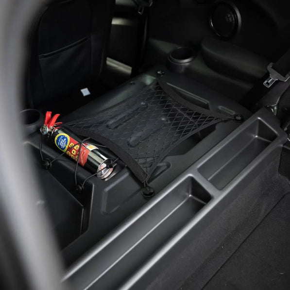 MINI Cooper rear seat delete kit, racing gear storage, fire extinguisher and helmet