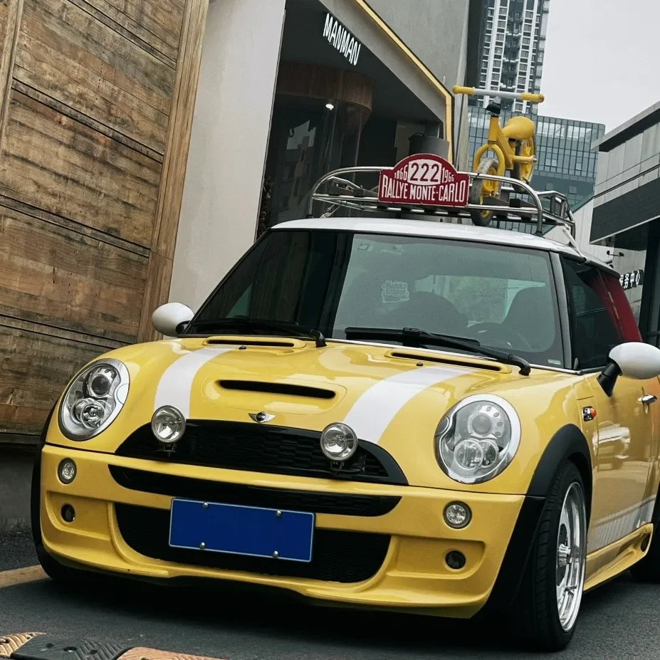 Made-to-order roof rack for MINI F56 showcasing wood and stainless steel materials.