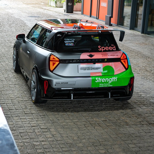 MINI J01 JCW Electric Gen 4 hatchback with carbon splitter and hood canards