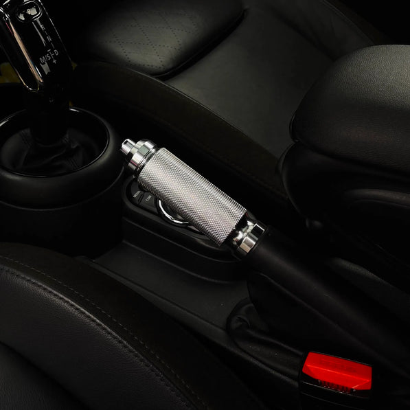 MINI JCW handbrake lever in premium aluminum, compatible with R-Series and F-Series models, enhancing interior style and durability.