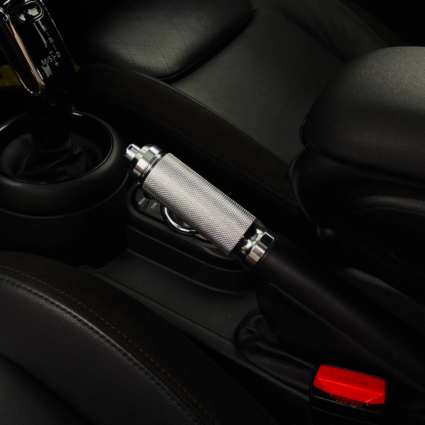 MINI JCW handbrake lever in premium aluminum, compatible with R-Series and F-Series models, enhancing interior style and durability.