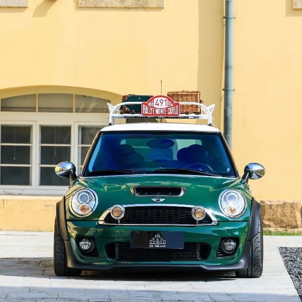 Hand-polished weld joints and stainless fittings on a classic MINI R50 roof rack.
