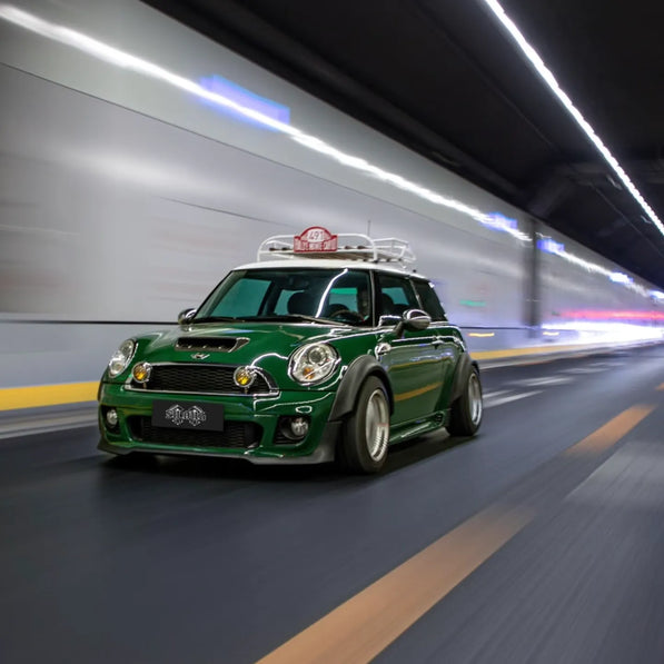 Vintage-style roof rack for classic MINI R50 with handmade real wood detailing and stainless hardware.