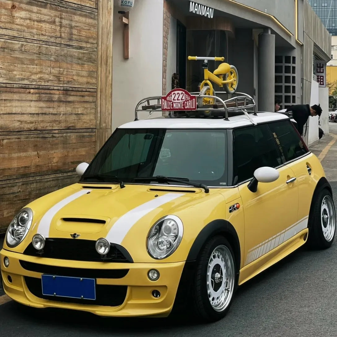 Vintage-style MINI R56 roof rack crafted from South American Apitong wood.