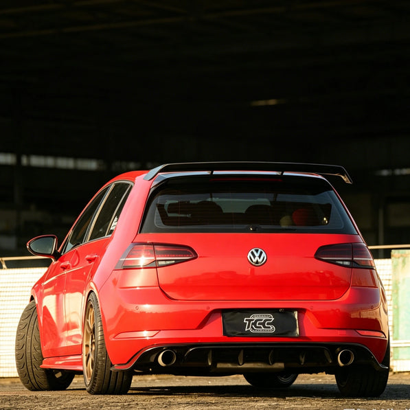 Rear spoiler installed on a Volkswagen Golf MK7.5 R highlighting the sporty ducktail profile