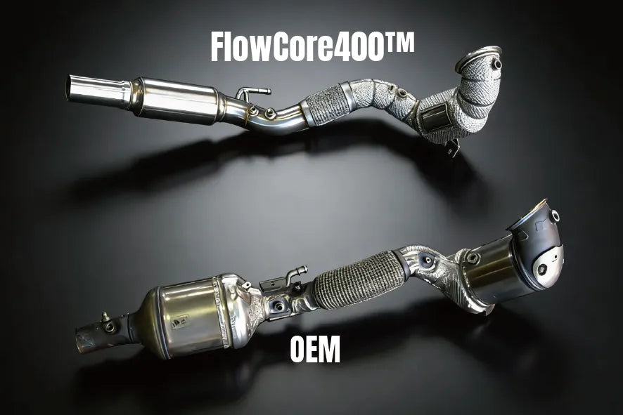 FlowCore400™ MK8 400-cell downpipe compared side by side with OEM VW Golf MK8 factory downpipe