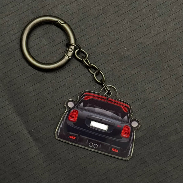 Custom MINI Cooper miniature keychain, hand-crafted acrylic, personalized with license plate and color