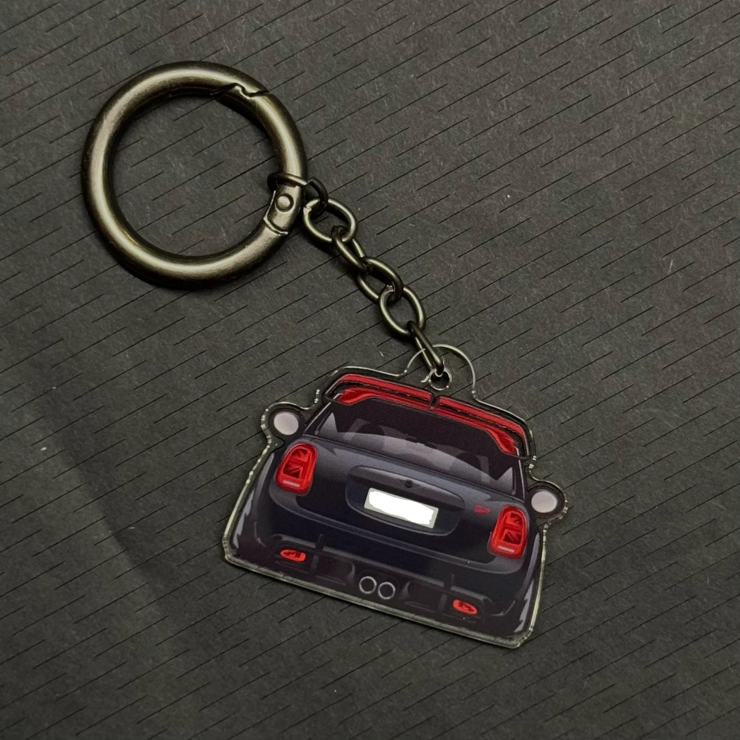Custom MINI Cooper miniature keychain, hand-crafted acrylic, personalized with license plate and color